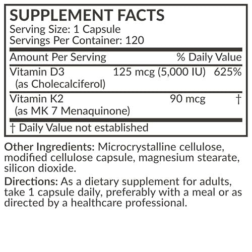 Futurebiotics Vitamin K2 (MK7) mit D3 Supplement - Nicht-GMO Formel - 5000 IE Vitamin D3 & 90 mcg Vitamin K2 MK-7, 120 vegane Kapseln