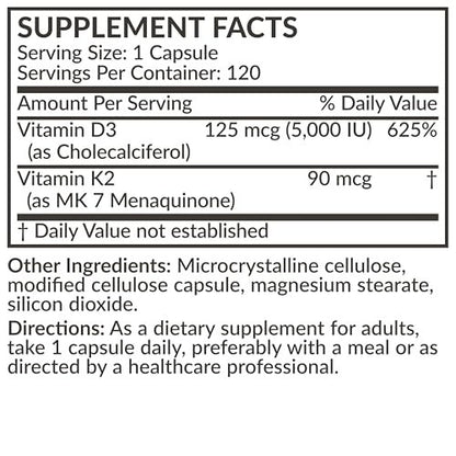 Futurebiotics Vitamin K2 (MK7) mit D3 Supplement - Nicht-GMO Formel - 5000 IE Vitamin D3 & 90 mcg Vitamin K2 MK-7, 120 vegane Kapseln