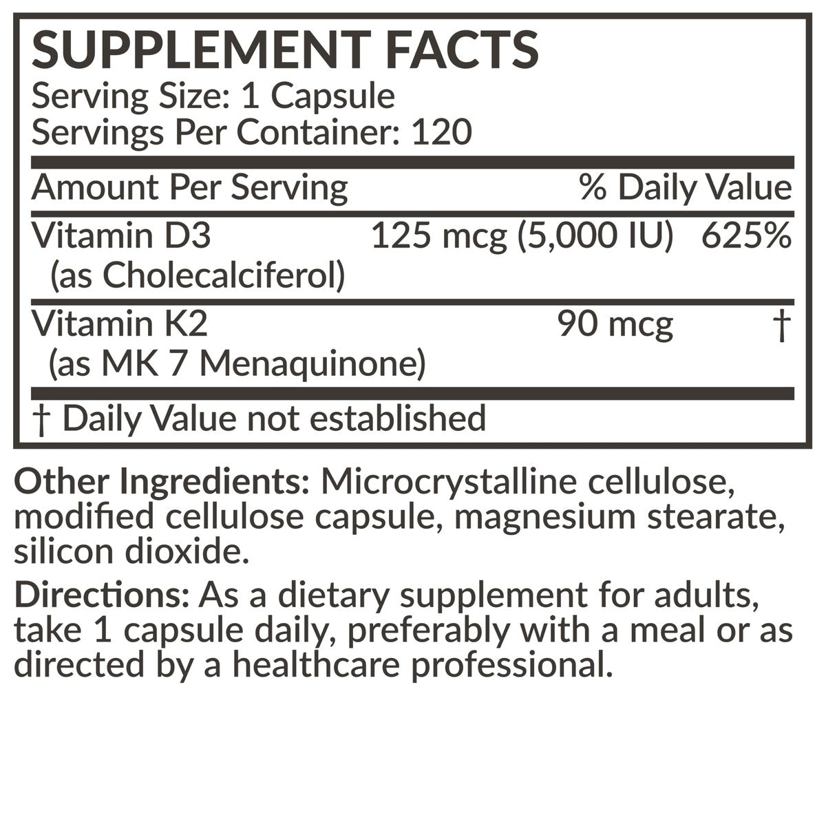 Futurebiotics Vitamin K2 (MK7) mit D3 Supplement - Nicht-GMO Formel - 5000 IE Vitamin D3 & 90 mcg Vitamin K2 MK-7, 120 vegane Kapseln