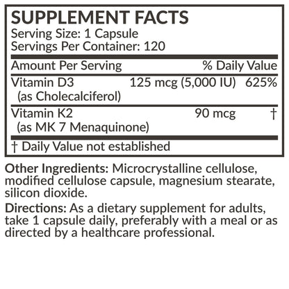 Futurebiotics Vitamin K2 (MK7) mit D3 Supplement - Nicht-GMO Formel - 5000 IE Vitamin D3 & 90 mcg Vitamin K2 MK-7, 120 vegane Kapseln
