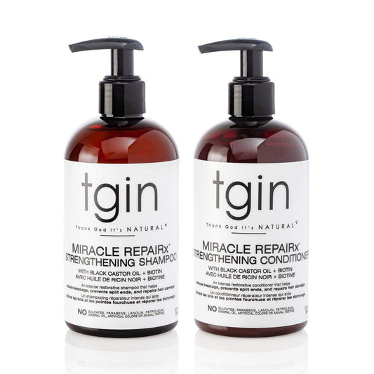 tgin Miracle RepaiRx Stärkendes Shampoo und Conditioner Duo für lockiges, krauses und welliges Haar – mit Biotin und schwarzem Rizinusöl – repariert und pflegt geschädigtes, coloriertes Haar – 2 x 355 ml