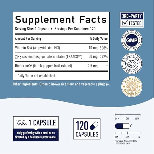 Chelat-Zink-Präparat | Zinkglycinat 30 mg | Hoch absorbierbares TRAACS cheliertes Bisglycinat, Vitamin B6 und BioPerin | Immununterstützung, Akne & Energie | Nicht-GVO, glutenfrei | 120 Kapseln