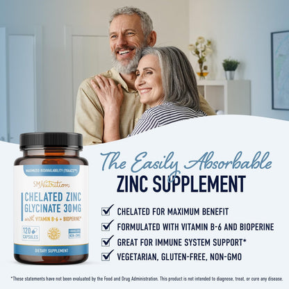 Chelat-Zink-Präparat | Zinkglycinat 30 mg | Hoch absorbierbares TRAACS cheliertes Bisglycinat, Vitamin B6 und BioPerin | Immununterstützung, Akne & Energie | Nicht-GVO, glutenfrei | 120 Kapseln