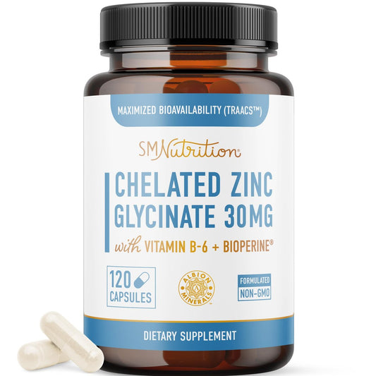 Chelat-Zink-Präparat | Zinkglycinat 30 mg | Hoch absorbierbares TRAACS cheliertes Bisglycinat, Vitamin B6 und BioPerin | Immununterstützung, Akne & Energie | Nicht-GVO, glutenfrei | 120 Kapseln