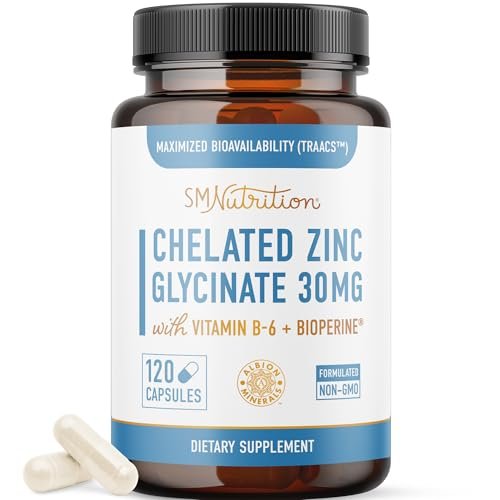 Chelat-Zink-Präparat | Zinkglycinat 30 mg | Hoch absorbierbares TRAACS cheliertes Bisglycinat, Vitamin B6 und BioPerin | Immununterstützung, Akne & Energie | Nicht-GVO, glutenfrei | 120 Kapseln
