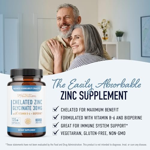 Chelat-Zink-Präparat | Zinkglycinat 30 mg | Hoch absorbierbares TRAACS cheliertes Bisglycinat, Vitamin B6 und BioPerin | Immununterstützung, Akne & Energie | Nicht-GVO, glutenfrei | 120 Kapseln