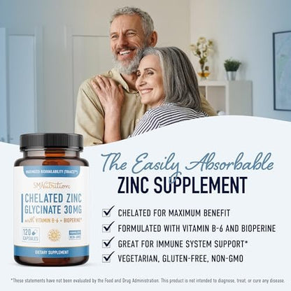 Chelat-Zink-Präparat | Zinkglycinat 30 mg | Hoch absorbierbares TRAACS cheliertes Bisglycinat, Vitamin B6 und BioPerin | Immununterstützung, Akne & Energie | Nicht-GVO, glutenfrei | 120 Kapseln
