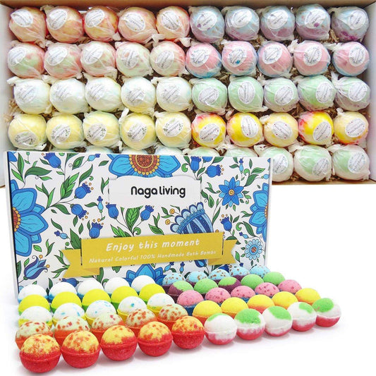Nagaliving Badebomben Geschenkset – 50 handgefertigte Badebomben für Kinder, Frauen und Männer – Wunderbarer Sprudeleffekt – Perfektes Badgeschenk zu Valentinstag, Weihnachten & jedem Jubiläum