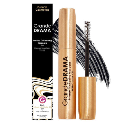Grande Cosmetics GrandeDRAMA Intense Thickening Black Mascara mit Rizinusöl – Volumengebende, pflegende, aufbaubare Formel (0,32 oz)