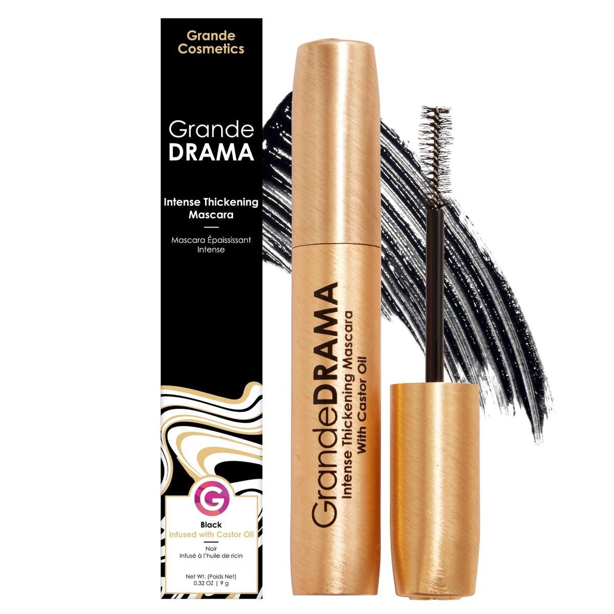 Grande Cosmetics GrandeDRAMA Intense Thickening Black Mascara mit Rizinusöl – Volumengebende, pflegende, aufbaubare Formel (0,32 oz)