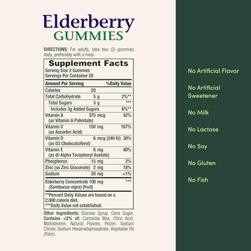 Nature's Bounty Holunderbeeren Gummibärchen – Immununterstützung mit Vitamin A, C, D, E und Zink, 40 Stück