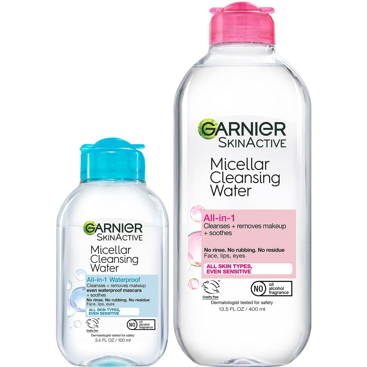 Garnier Mizellen-Reinigungswasser, für alle Hauttypen, 400 ml + Mizellen-Reinigungswasser, für wasserfestes Make-up, 100 ml