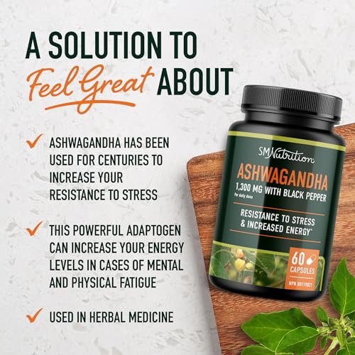 Ashwagandha 1300 mg Kapseln – Stressresistenz und Energieboost | Hochabsorbierendes Adaptogen aus Wurzelpulver mit Schwarzem Pfeffer | Unterstützung bei stressbedingter Müdigkeit | Nicht-GVO | 120 Stück, 2-Monats-Vorrat