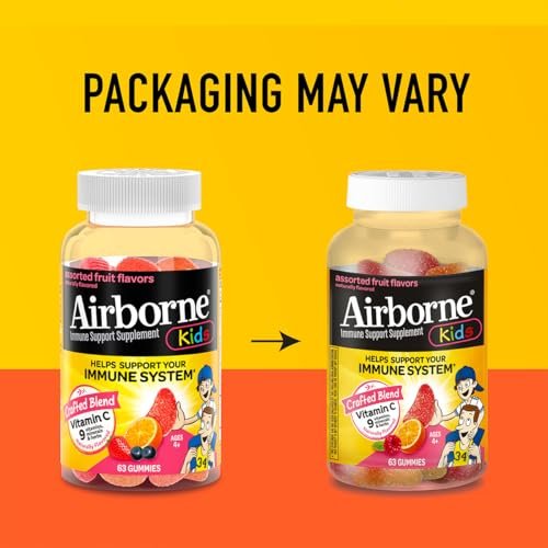 Airborne Kids 500 mg Vitamin C Gummies – Immunstärkung mit Zink & Antioxidantien, 63 Fruchtgummis (Mischung Fruchtgeschmack)