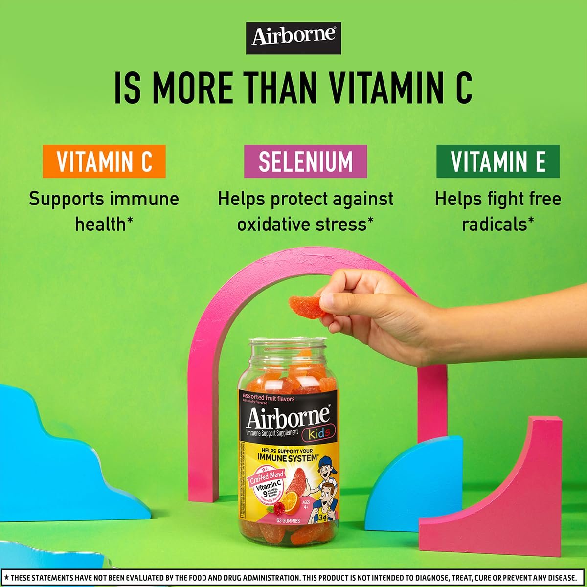 Airborne Kids 500 mg Vitamin C Gummies – Immunstärkung mit Zink & Antioxidantien, 63 Fruchtgummis (Mischung Fruchtgeschmack)
