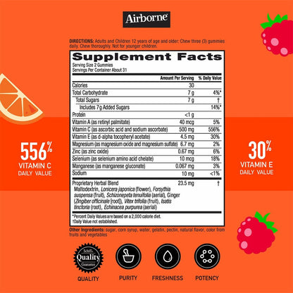 Airborne Kids 500 mg Vitamin C Gummies – Immunstärkung mit Zink & Antioxidantien, 63 Fruchtgummis (Mischung Fruchtgeschmack)