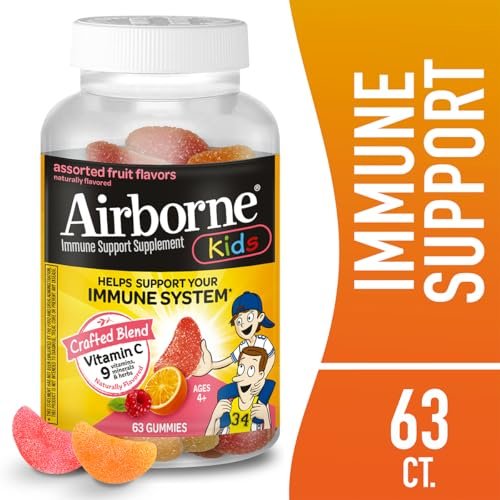 Airborne Kids 500 mg Vitamin C Gummies – Immunstärkung mit Zink & Antioxidantien, 63 Fruchtgummis (Mischung Fruchtgeschmack)