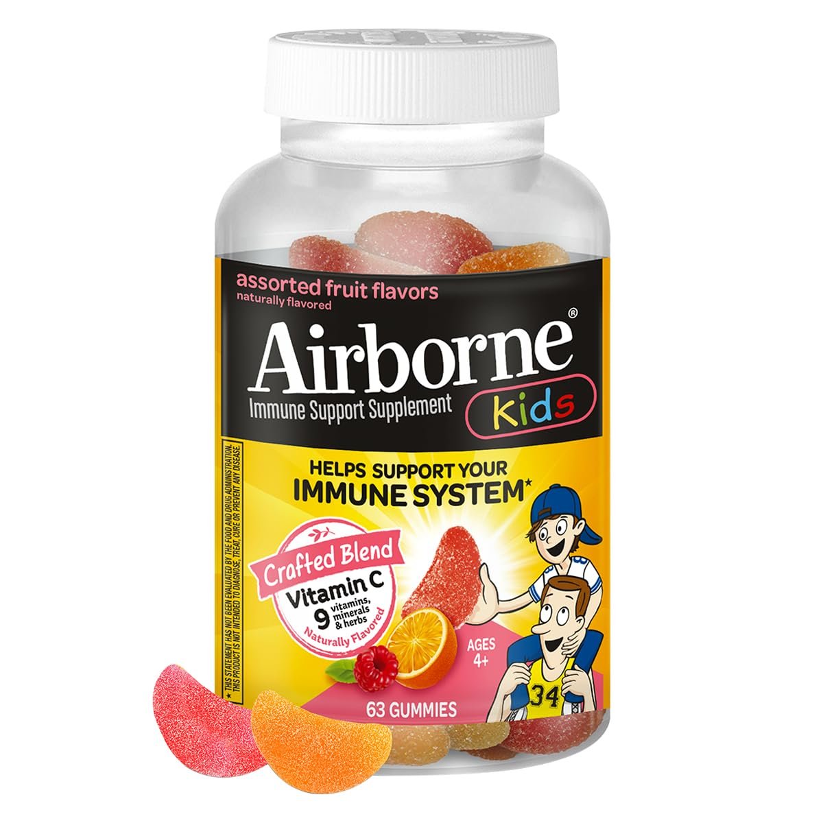 Airborne Kids 500 mg Vitamin C Gummies – Immunstärkung mit Zink & Antioxidantien, 63 Fruchtgummis (Mischung Fruchtgeschmack)