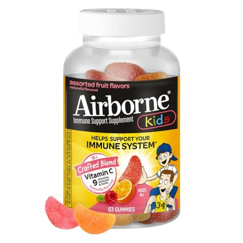 Airborne Kids 500 mg Vitamin C Gummies – Immunstärkung mit Zink & Antioxidantien, 63 Fruchtgummis (Mischung Fruchtgeschmack)