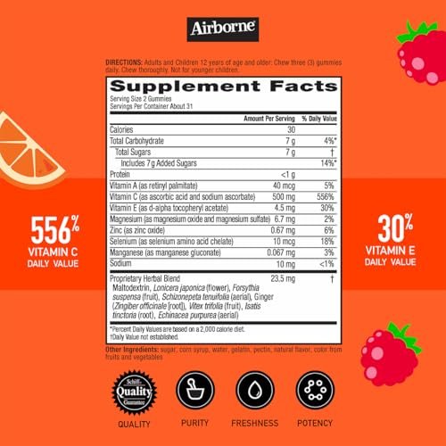 Airborne Kids 500 mg Vitamin C Gummies – Immunstärkung mit Zink & Antioxidantien, 63 Fruchtgummis (Mischung Fruchtgeschmack)