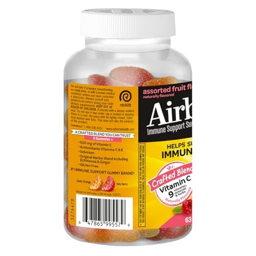 Airborne Kids 500 mg Vitamin C Gummies – Immunstärkung mit Zink & Antioxidantien, 63 Fruchtgummis (Mischung Fruchtgeschmack)