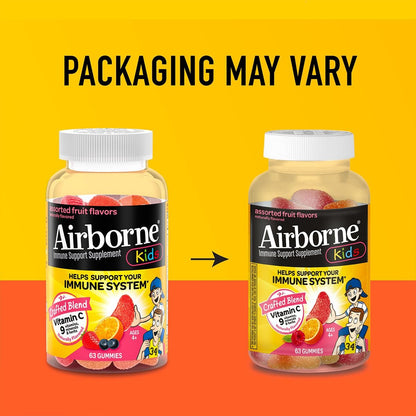 Airborne Kids 500 mg Vitamin C Gummies – Immunstärkung mit Zink & Antioxidantien, 63 Fruchtgummis (Mischung Fruchtgeschmack)