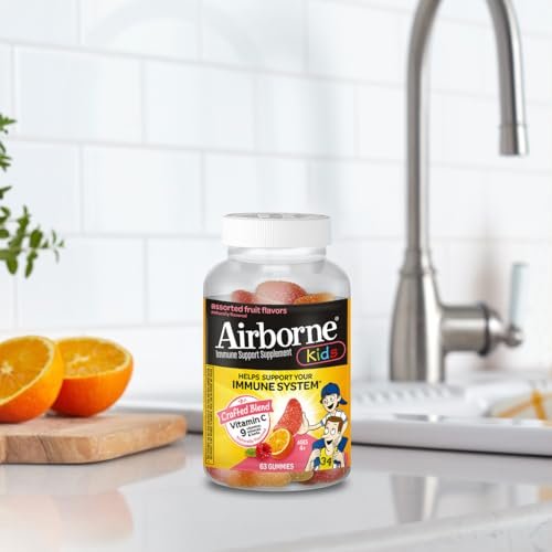 Airborne Kids 500 mg Vitamin C Gummies – Immunstärkung mit Zink & Antioxidantien, 63 Fruchtgummis (Mischung Fruchtgeschmack)