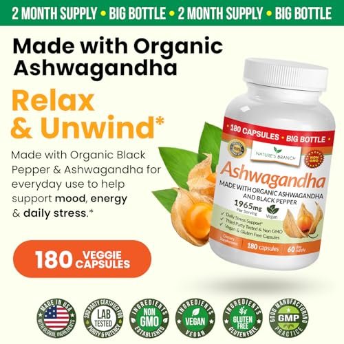 UDAF-zertifiziertes Bio-Ashwagandha mit schwarzem Pfeffer, 1965 mg – extra stark für Stress, Schlaf, Stimmung, Schilddrüse, Energie, Haare – veganes reines Wurzelextrakt-Pulver für Männer und Frauen | 180 Kapseln