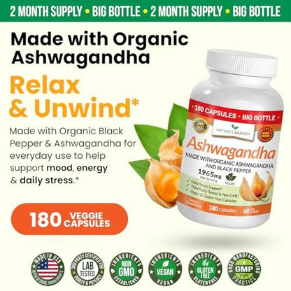 UDAF-zertifiziertes Bio-Ashwagandha mit schwarzem Pfeffer, 1965 mg – extra stark für Stress, Schlaf, Stimmung, Schilddrüse, Energie, Haare – veganes reines Wurzelextrakt-Pulver für Männer und Frauen | 180 Kapseln