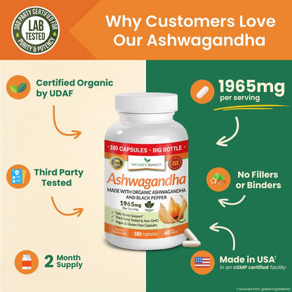 UDAF-zertifiziertes Bio-Ashwagandha mit schwarzem Pfeffer, 1965 mg – extra stark für Stress, Schlaf, Stimmung, Schilddrüse, Energie, Haare – veganes reines Wurzelextrakt-Pulver für Männer und Frauen | 180 Kapseln