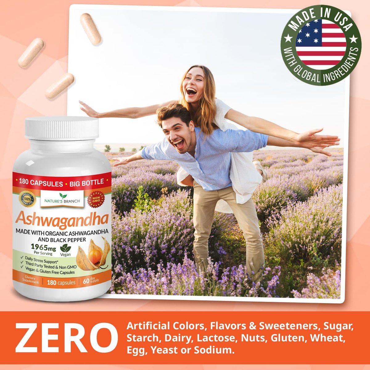 UDAF-zertifiziertes Bio-Ashwagandha mit schwarzem Pfeffer, 1965 mg – extra stark für Stress, Schlaf, Stimmung, Schilddrüse, Energie, Haare – veganes reines Wurzelextrakt-Pulver für Männer und Frauen | 180 Kapseln