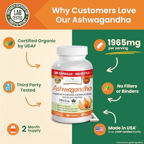 UDAF-zertifiziertes Bio-Ashwagandha mit schwarzem Pfeffer, 1965 mg – extra stark für Stress, Schlaf, Stimmung, Schilddrüse, Energie, Haare – veganes reines Wurzelextrakt-Pulver für Männer und Frauen | 180 Kapseln