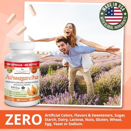 UDAF-zertifiziertes Bio-Ashwagandha mit schwarzem Pfeffer, 1965 mg – extra stark für Stress, Schlaf, Stimmung, Schilddrüse, Energie, Haare – veganes reines Wurzelextrakt-Pulver für Männer und Frauen | 180 Kapseln
