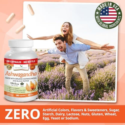 UDAF-zertifiziertes Bio-Ashwagandha mit schwarzem Pfeffer, 1965 mg – extra stark für Stress, Schlaf, Stimmung, Schilddrüse, Energie, Haare – veganes reines Wurzelextrakt-Pulver für Männer und Frauen | 180 Kapseln