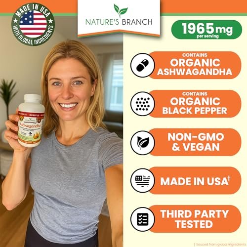 UDAF-zertifiziertes Bio-Ashwagandha mit schwarzem Pfeffer, 1965 mg – extra stark für Stress, Schlaf, Stimmung, Schilddrüse, Energie, Haare – veganes reines Wurzelextrakt-Pulver für Männer und Frauen | 180 Kapseln