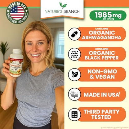 UDAF-zertifiziertes Bio-Ashwagandha mit schwarzem Pfeffer, 1965 mg – extra stark für Stress, Schlaf, Stimmung, Schilddrüse, Energie, Haare – veganes reines Wurzelextrakt-Pulver für Männer und Frauen | 180 Kapseln
