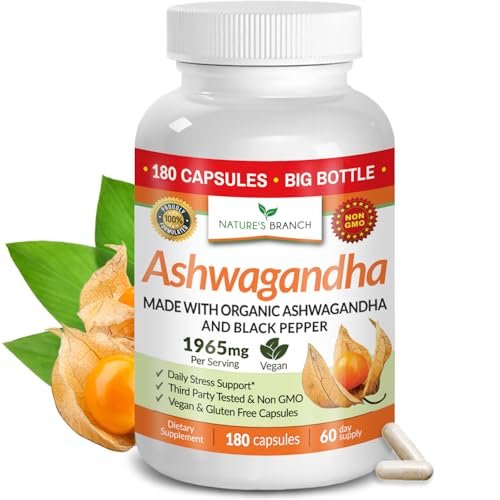 UDAF-zertifiziertes Bio-Ashwagandha mit schwarzem Pfeffer, 1965 mg – extra stark für Stress, Schlaf, Stimmung, Schilddrüse, Energie, Haare – veganes reines Wurzelextrakt-Pulver für Männer und Frauen | 180 Kapseln