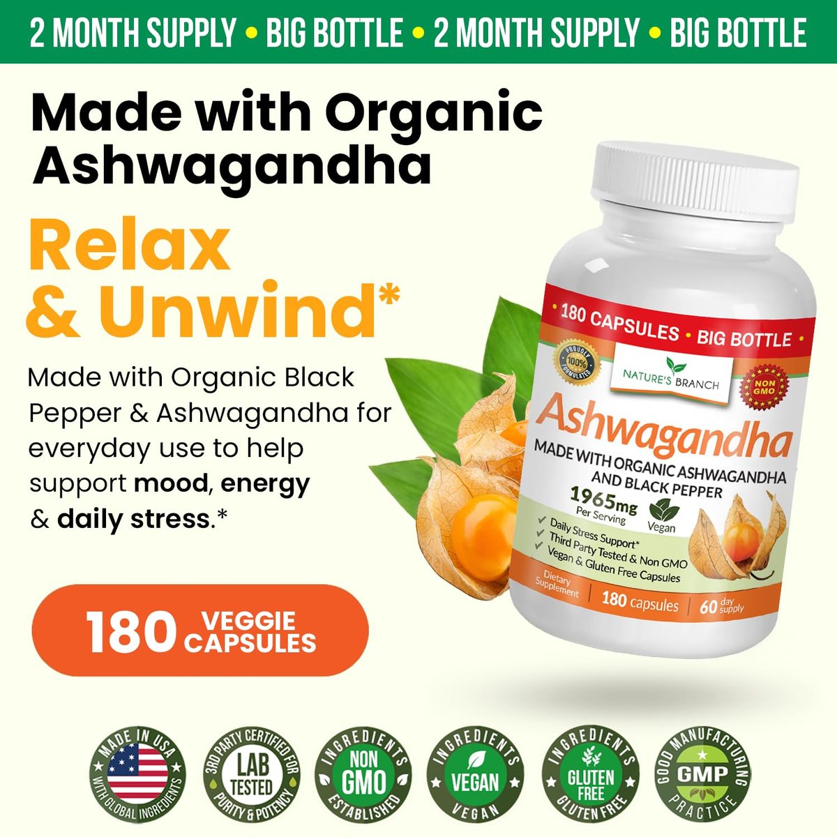 UDAF-zertifiziertes Bio-Ashwagandha mit schwarzem Pfeffer, 1965 mg – extra stark für Stress, Schlaf, Stimmung, Schilddrüse, Energie, Haare – veganes reines Wurzelextrakt-Pulver für Männer und Frauen | 180 Kapseln