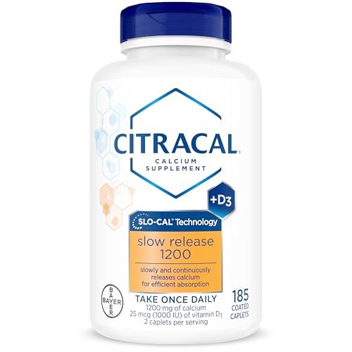Citracal Slow Release Calcium 1200 mg mit Vitamin D3, Magnesium – 1x täglich, 185 Kapseln – Knochengesundheit unterstützen