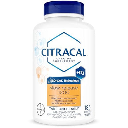 Citracal Slow Release Calcium 1200 mg mit Vitamin D3, Magnesium – 1x täglich, 185 Kapseln – Knochengesundheit unterstützen