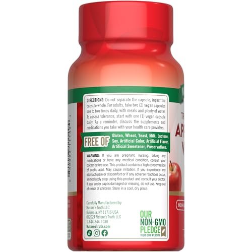 Nature's Truth Apfelessig Vegan Kapseln | 1200 mg | 60 vegane Kapseln | Extra Stärke | Vegan, Nicht-GVO und Glutenfrei Nahrungsergänzungsmittel