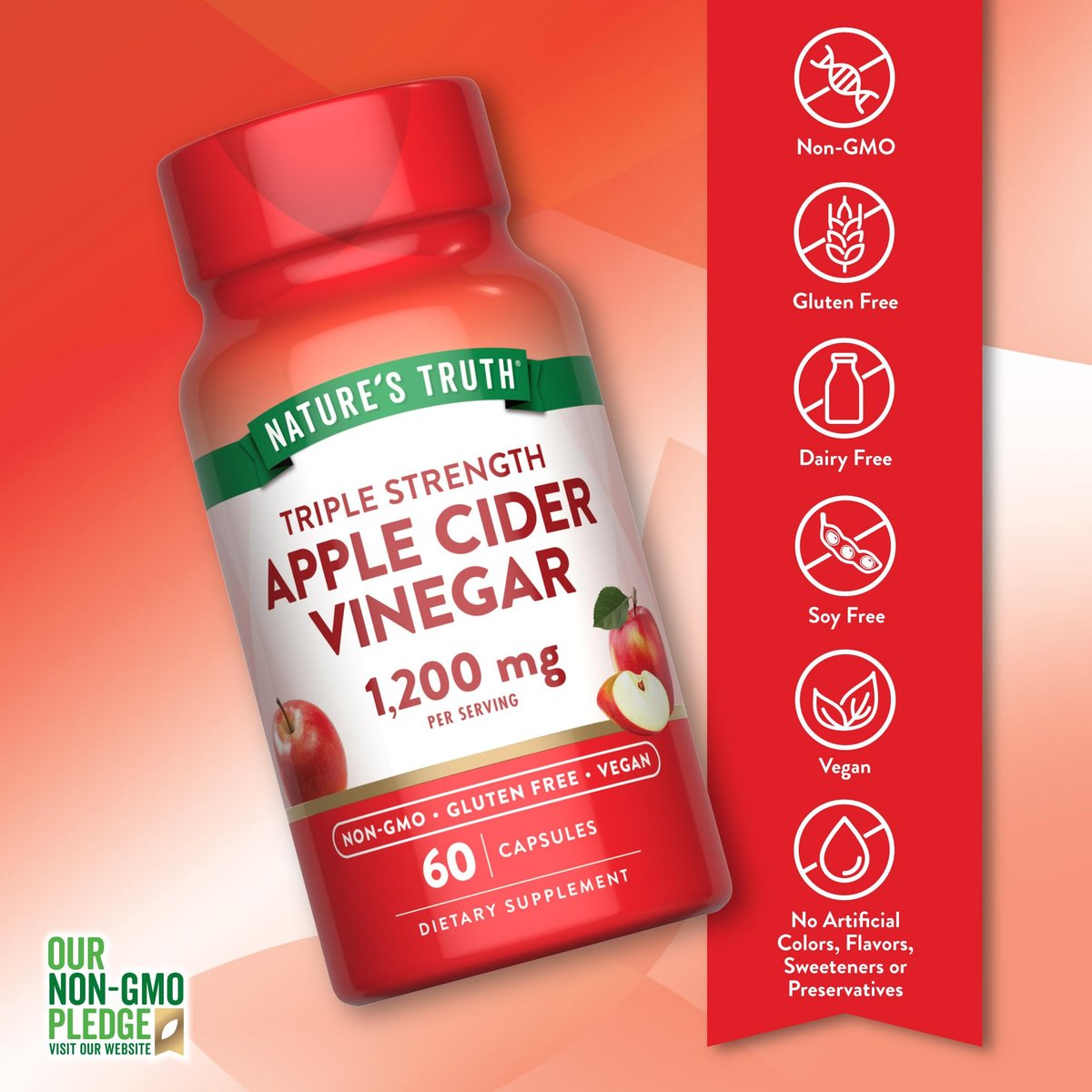 Nature's Truth Apfelessig Vegan Kapseln | 1200 mg | 60 vegane Kapseln | Extra Stärke | Vegan, Nicht-GVO und Glutenfrei Nahrungsergänzungsmittel
