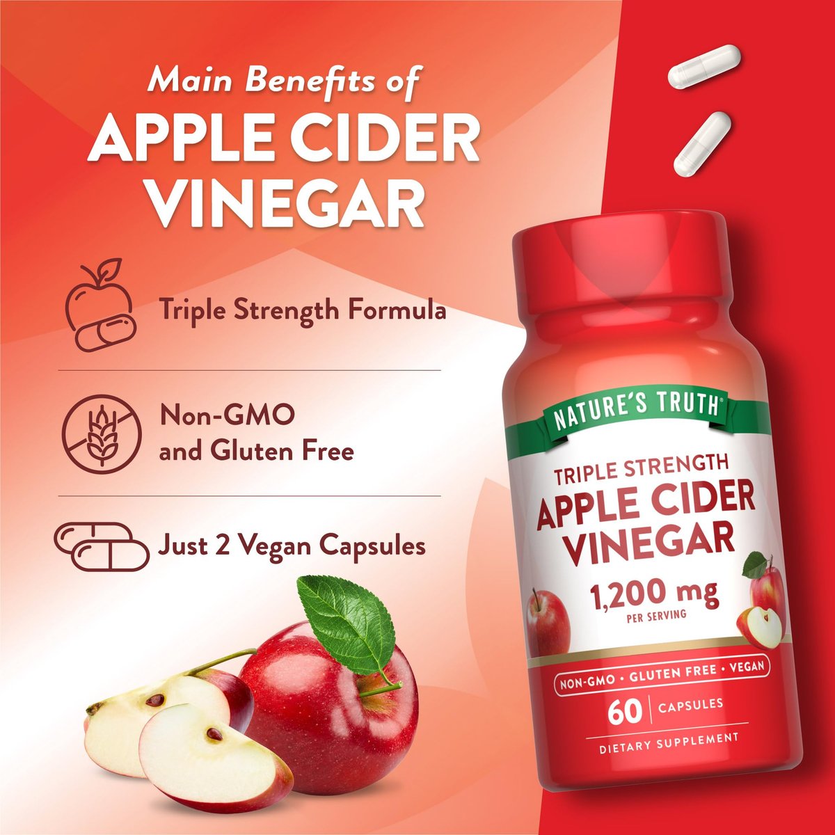Nature's Truth Apfelessig Vegan Kapseln | 1200 mg | 60 vegane Kapseln | Extra Stärke | Vegan, Nicht-GVO und Glutenfrei Nahrungsergänzungsmittel