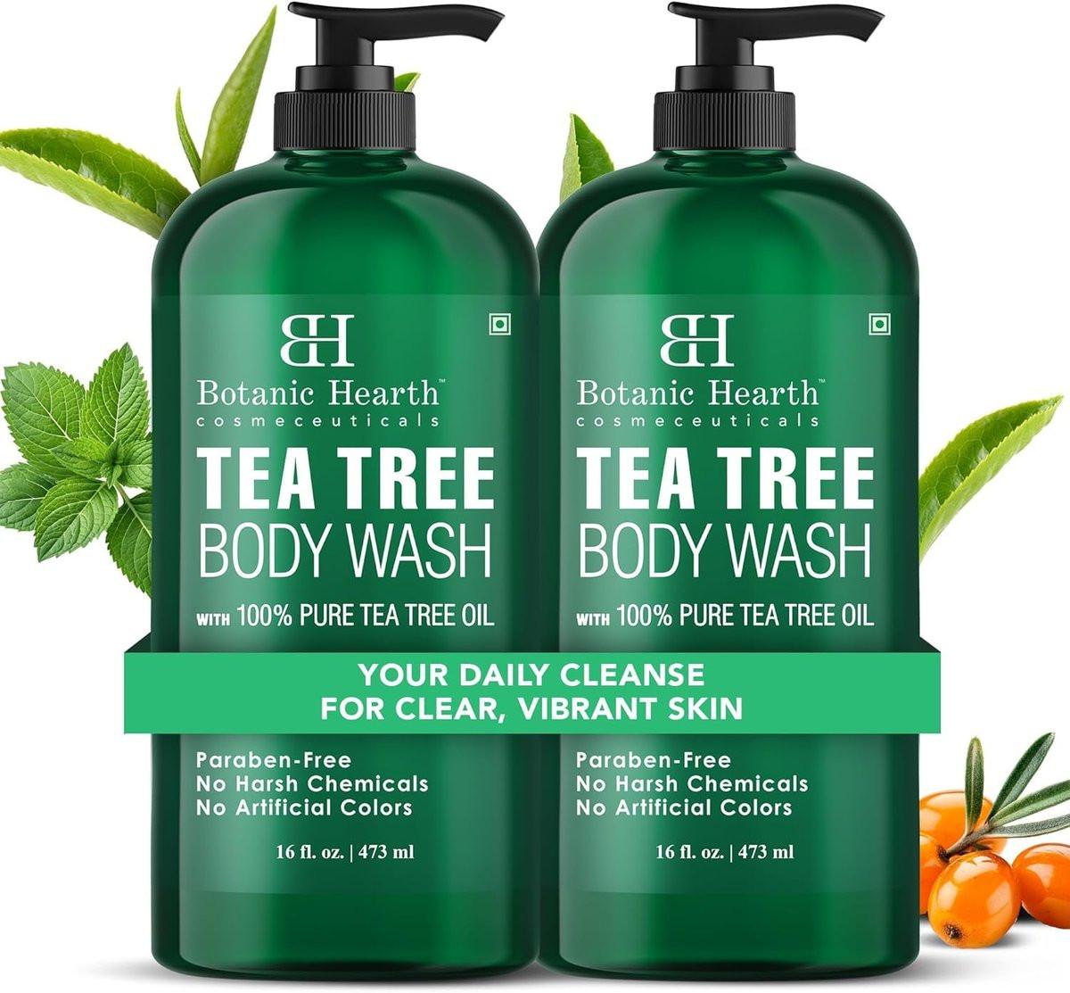 Botanic Hearth Teebaum Körperwaschgel 2er Pack, 16 fl oz je Flasche – Natürliche Antimykotische & Geruchskontrolle Duschgel für Akne, Fußpilz, Ringelflechte, Juckreiz, Gesunde Haut, Sulfat- & Parabenfrei, für Männer & Frauen