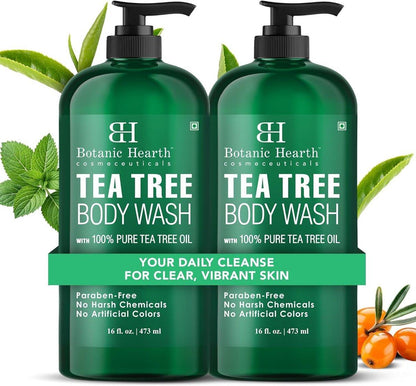 Botanic Hearth Teebaum Körperwaschgel 2er Pack, 16 fl oz je Flasche – Natürliche Antimykotische & Geruchskontrolle Duschgel für Akne, Fußpilz, Ringelflechte, Juckreiz, Gesunde Haut, Sulfat- & Parabenfrei, für Männer & Frauen