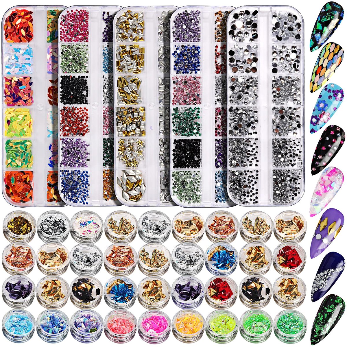 Teenitor 41 Boxen Strasssteine für Nägel, Nagel-Glitzersteine, 5 Boxen Nagelkunst-Strasssteine, 36 Boxen Nagelflocken, Nagelstein-Design-Kit, Nagelstrasssteine für Nagelkunst, Nagelzubehör
