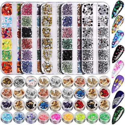 Teenitor 41 Boxen Strasssteine für Nägel, Nagel-Glitzersteine, 5 Boxen Nagelkunst-Strasssteine, 36 Boxen Nagelflocken, Nagelstein-Design-Kit, Nagelstrasssteine für Nagelkunst, Nagelzubehör