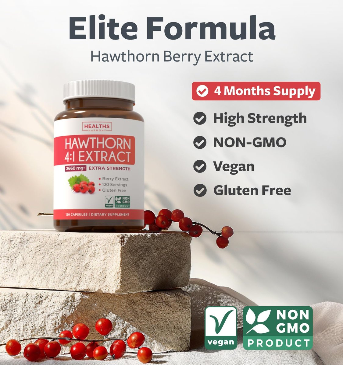 Hochwirksame Weißdornbeeren-Extrakt Kapseln – Nahrungsergänzungsmittel aus extra starkem Konzentrat zur Unterstützung der Herz- und Verdauungsgesundheit – Vegan, Nicht-GVO & Glutenfrei (4-Monats-Vorrat)