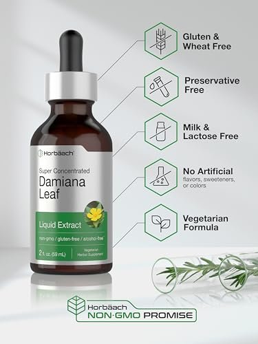 Horbäach Damiana-Blatt-Kräutertinktur | 60 ml | Hochkonzentrierter, alkoholfreier Flüssigextrakt | Vegetarisches, nicht-GVO & glutenfreies Nahrungsergänzungsmittel