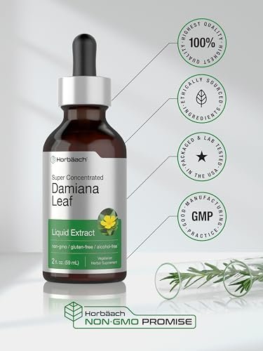 Horbäach Damiana-Blatt-Kräutertinktur | 60 ml | Hochkonzentrierter, alkoholfreier Flüssigextrakt | Vegetarisches, nicht-GVO & glutenfreies Nahrungsergänzungsmittel